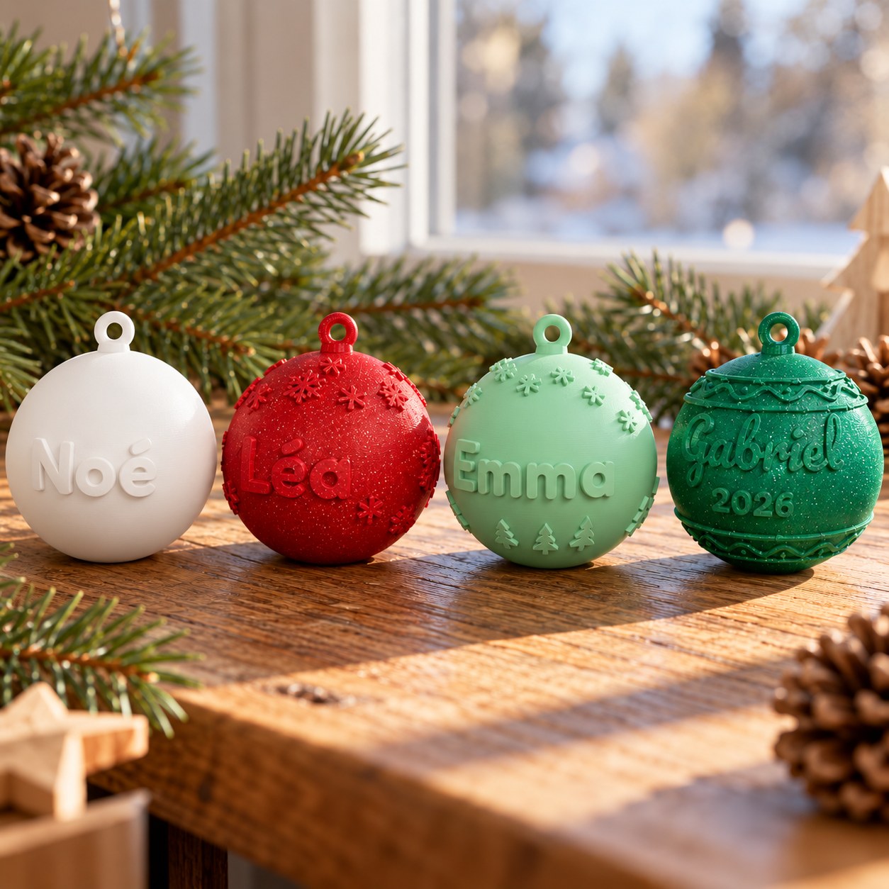 Boule de Noël classique, prénom en relief