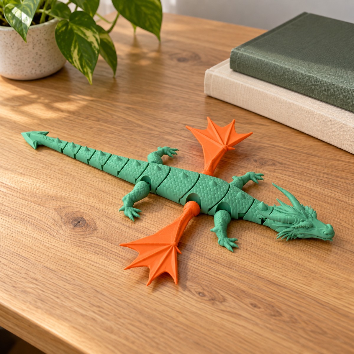 Dragon articulé sculpté en couleurs, ailes orange