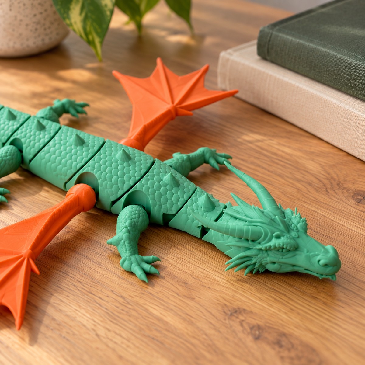 Dragon articulé sculpté en couleurs, ailes orange