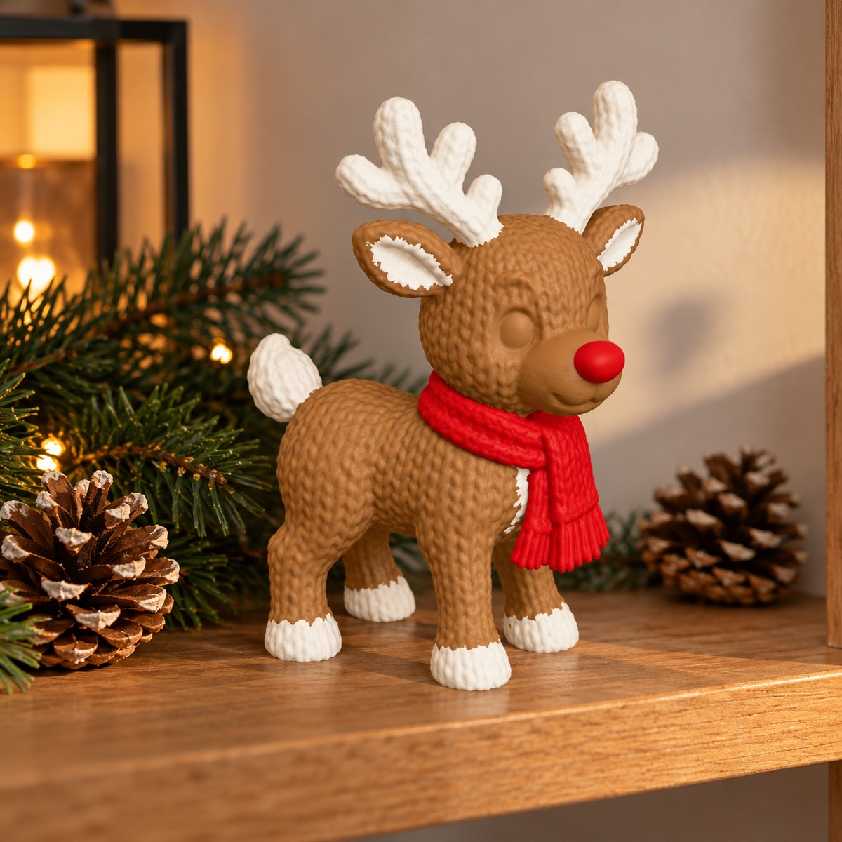 Renne tricoté de Noël en couleurs, écharpe rouge, 15 cm