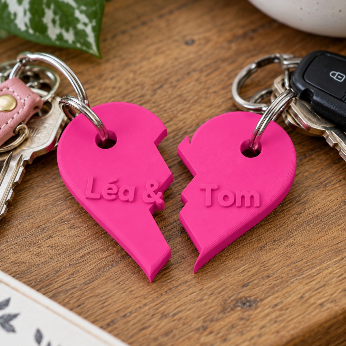 Duo de porte-clés cœur à partager, prénoms gravés