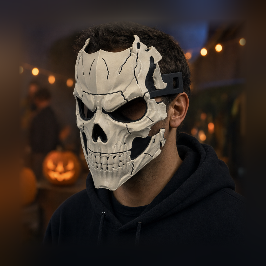 Masque tête de mort d’Halloween, os ivoire sur noir