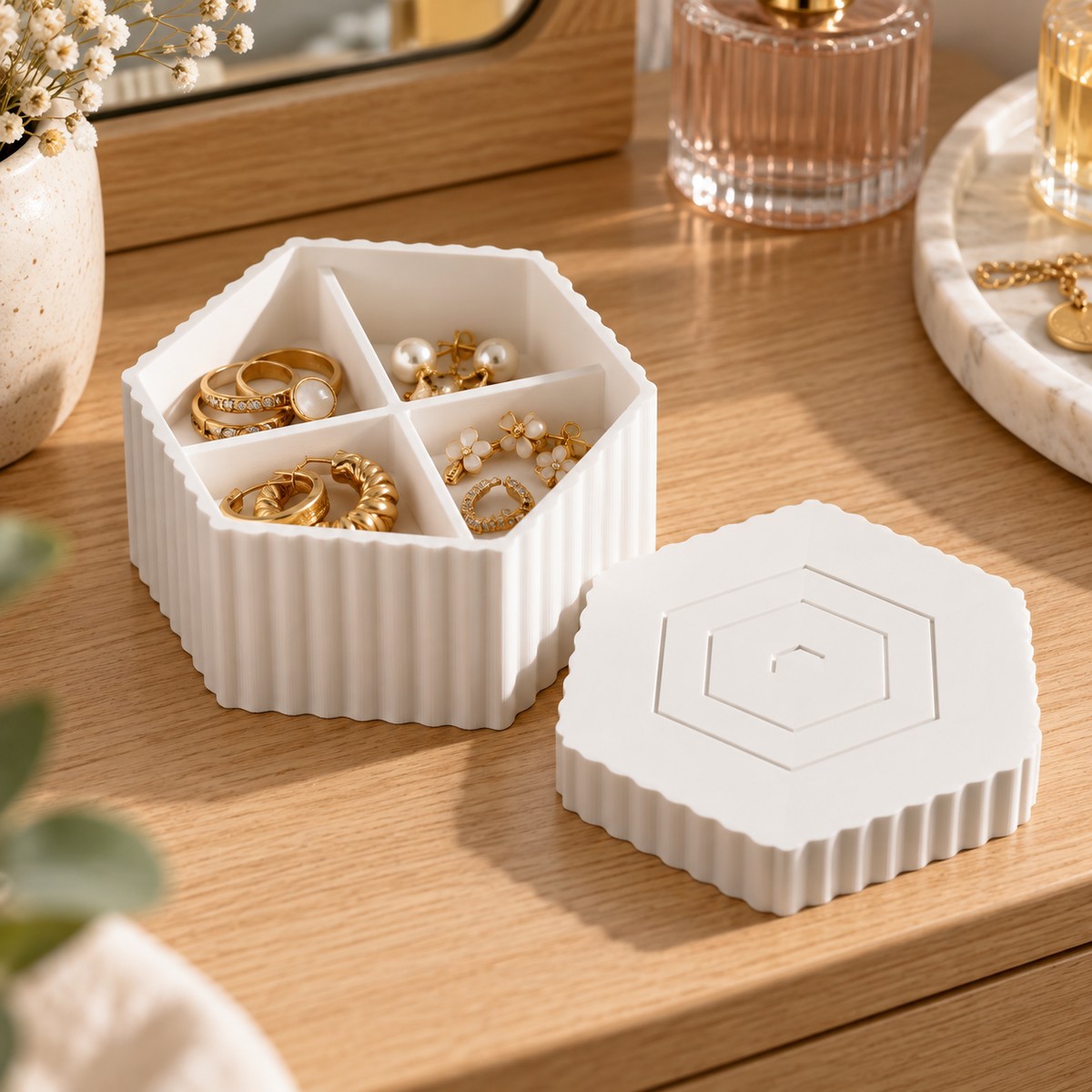 Boîte à bijoux hexagonale cannelée