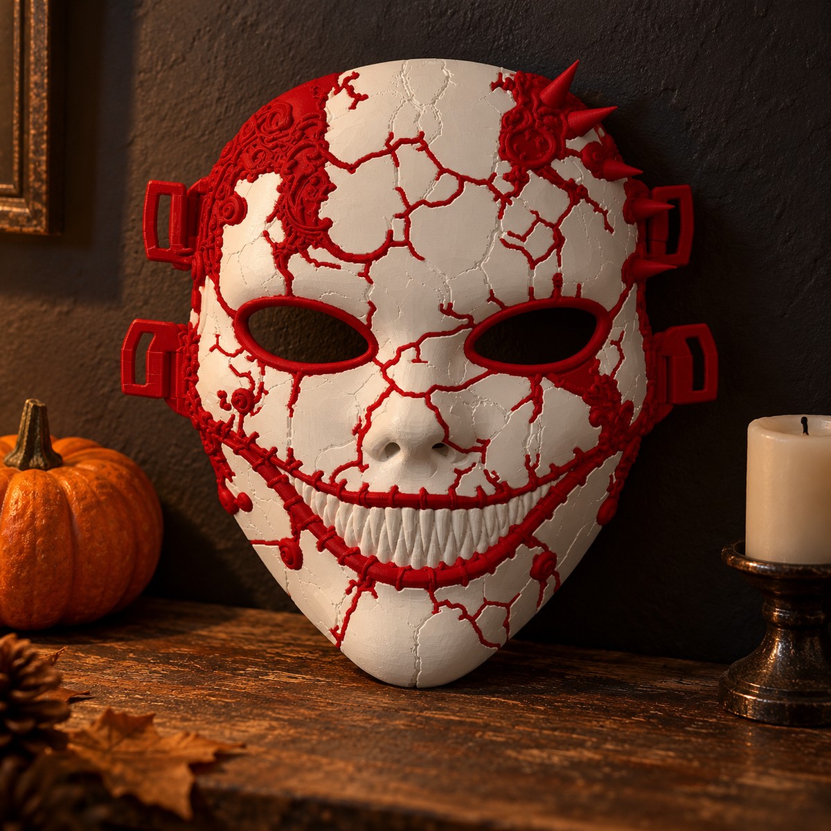 Masque d’Halloween sourire cousu, porcelaine fissurée blanc et rouge