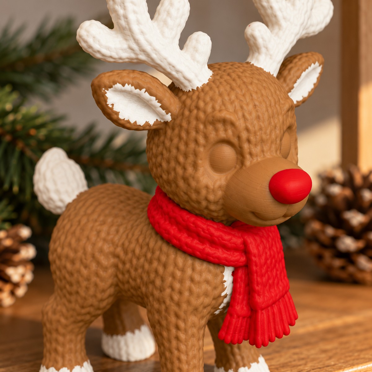 Renne tricoté de Noël en couleurs, écharpe rouge, 15 cm