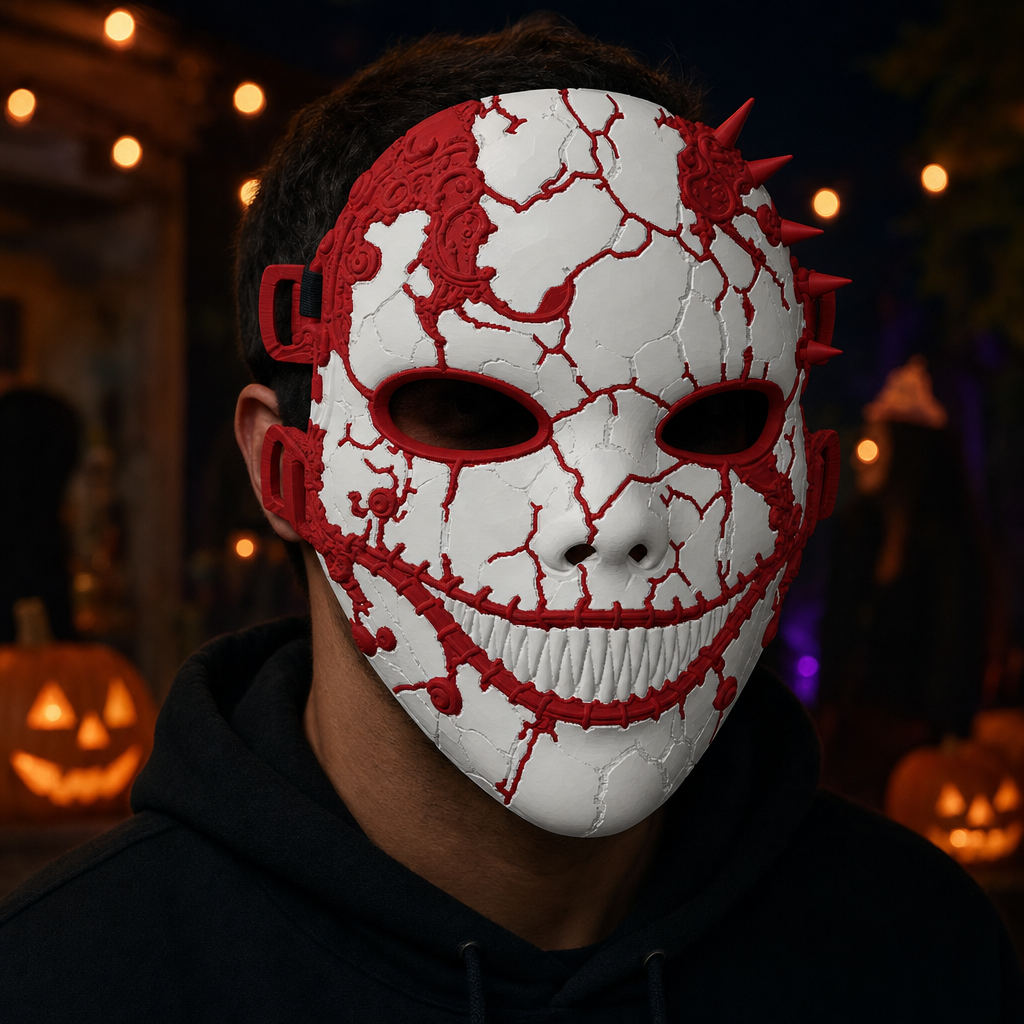Masque d’Halloween sourire cousu, porcelaine fissurée blanc et rouge