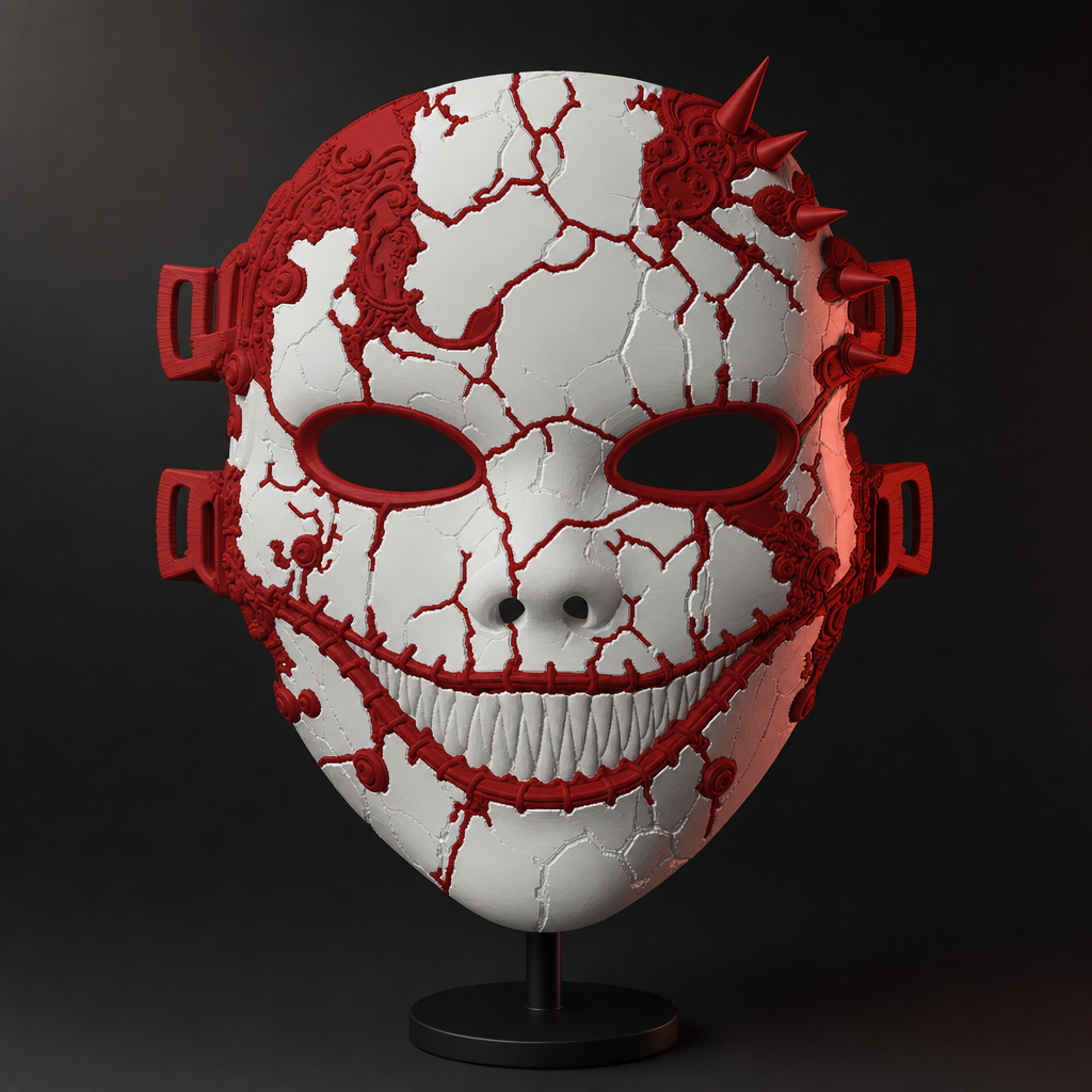 Masque d’Halloween sourire cousu, porcelaine fissurée blanc et rouge